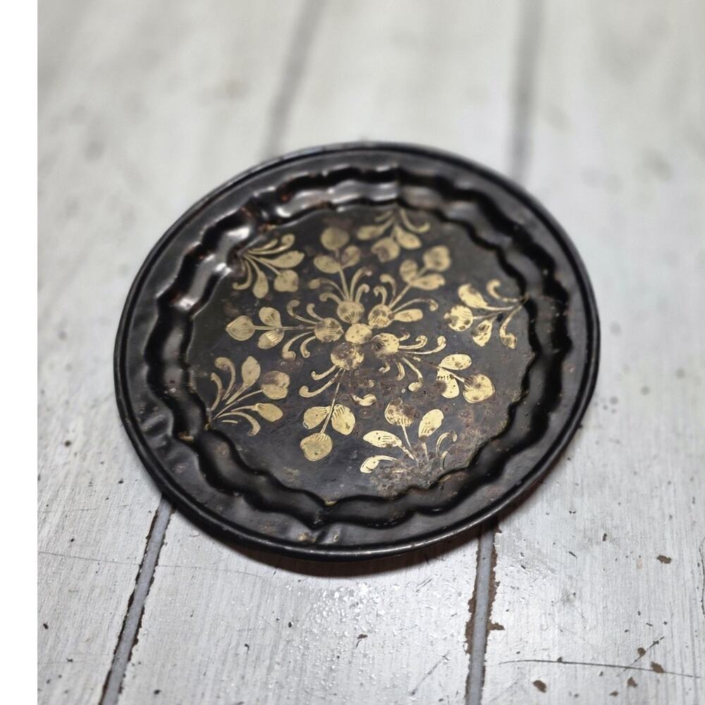 Vtg Toleware Round Tray Flowers Yellow Folk Art Trinket Dish Catch All Pin Tray